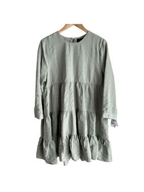 Boutique Long Sleeve Ruffle Dress L Sage Green Tiered Below Knee Feminine NWT